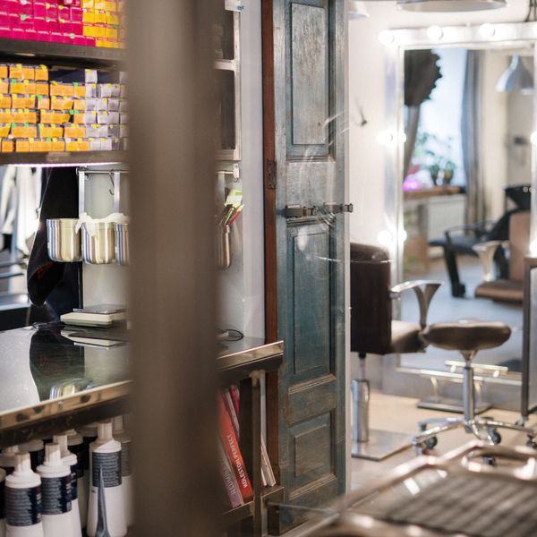 Hair products on a salon shelf